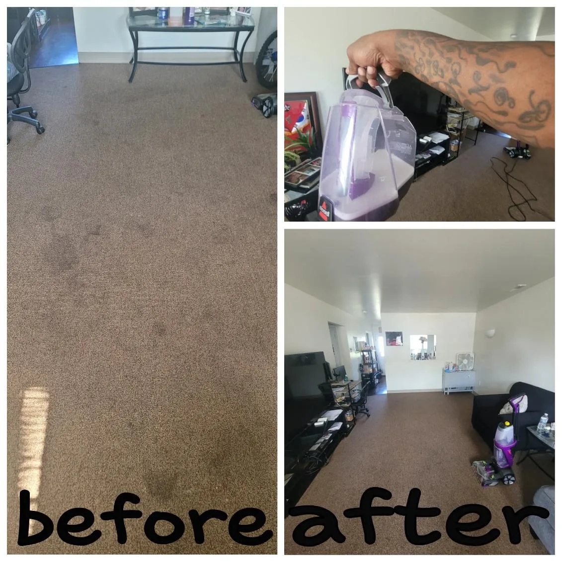 Carpet cleaned, before and after