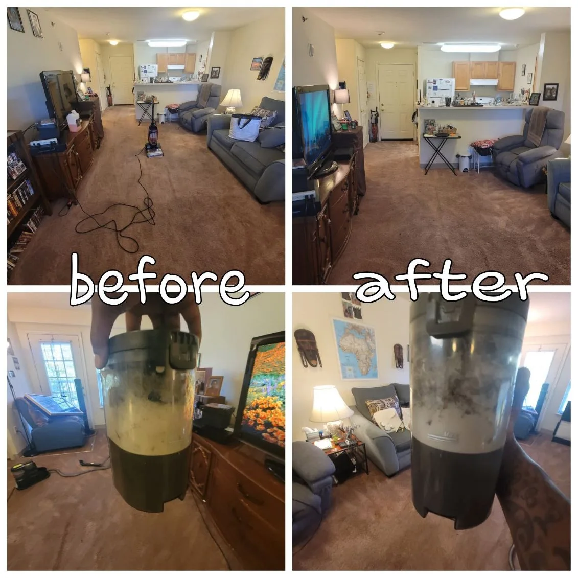 Living room carpet vacuumed and refreshed, before and after