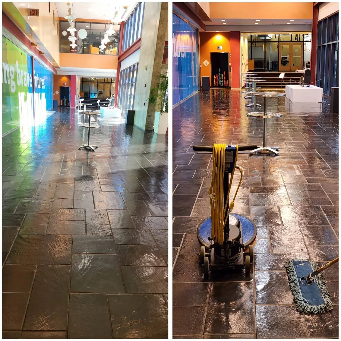 Lobby floor before and after machine scrubbing