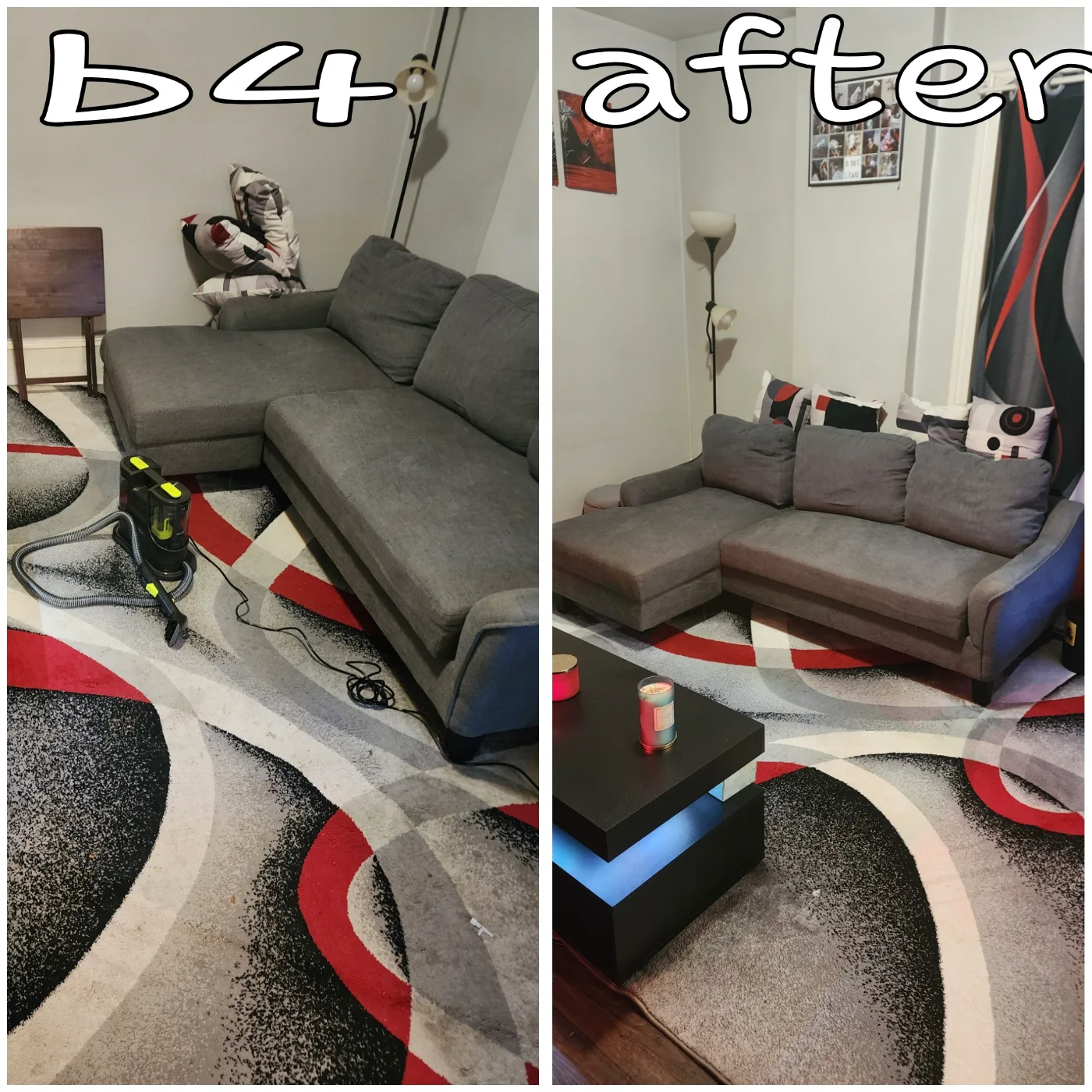 Sofa and area rug cleaned, before and after